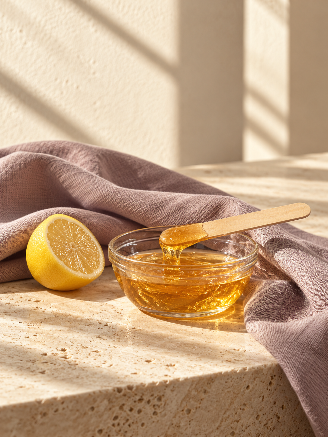 Golden sugaring paste, fresh lemon and mauve linen in warm sunlight
